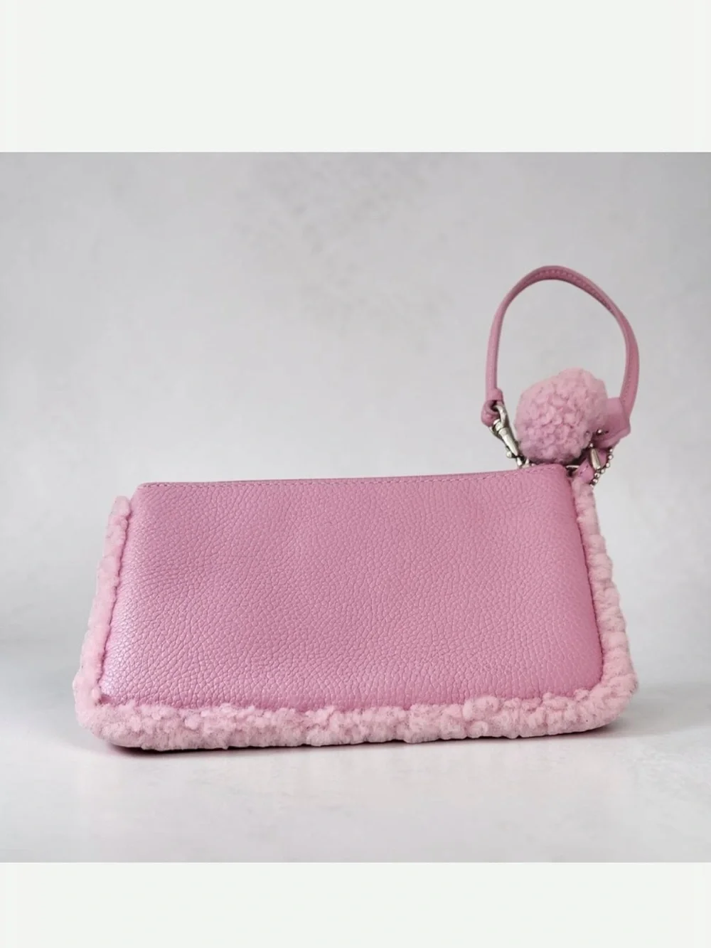 Coach Pink Pebbled Leather Wristlet with Shearling Trim EUC